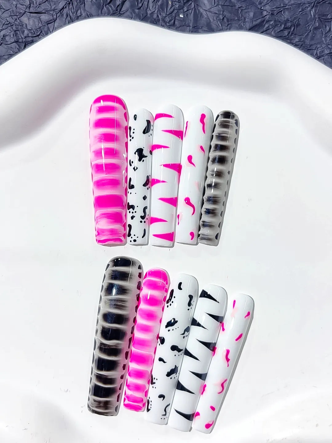 Pink White Black Abstract Stripe press on nails detail view