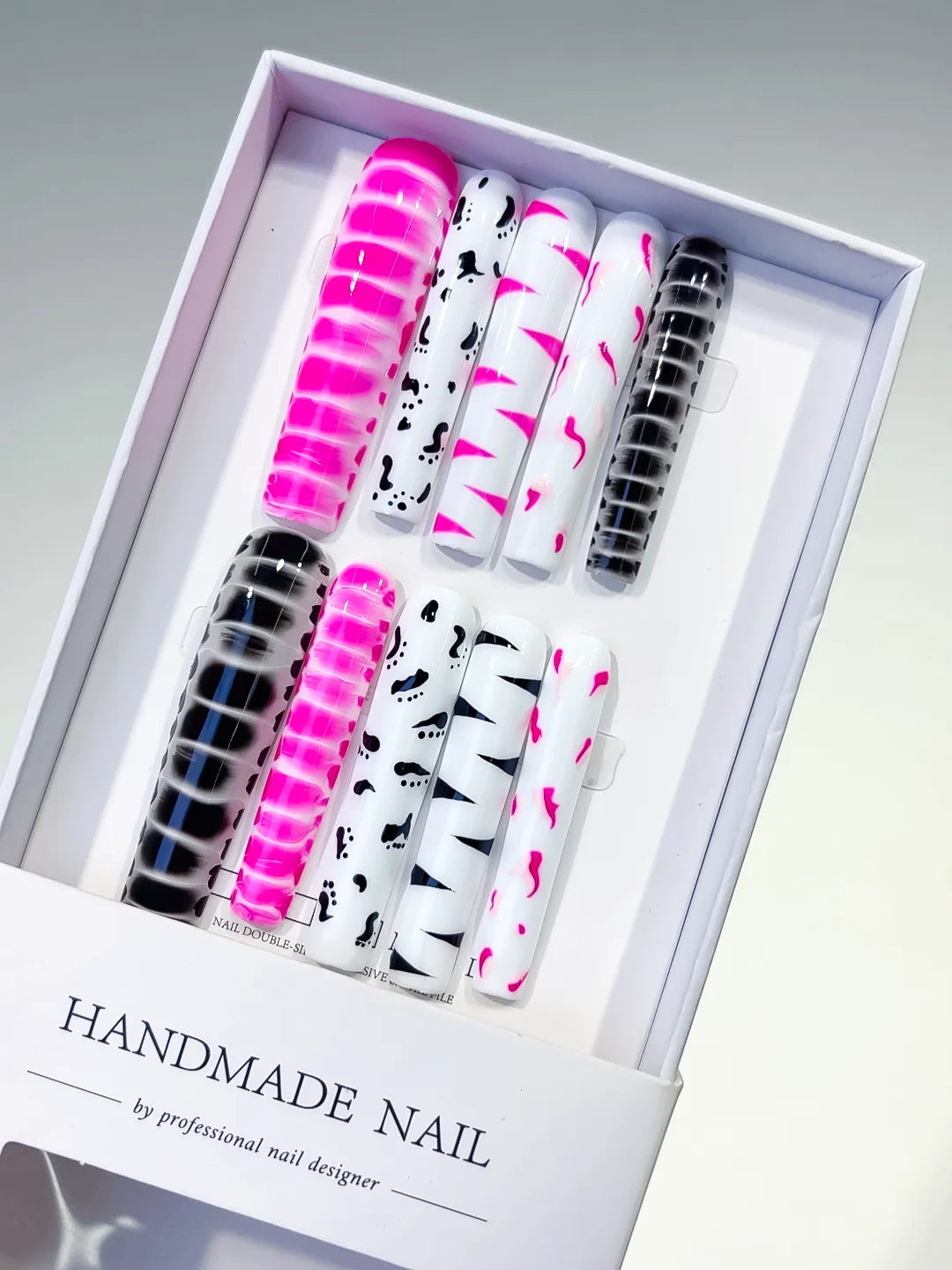 Pink White Black Abstract Stripe press on nails