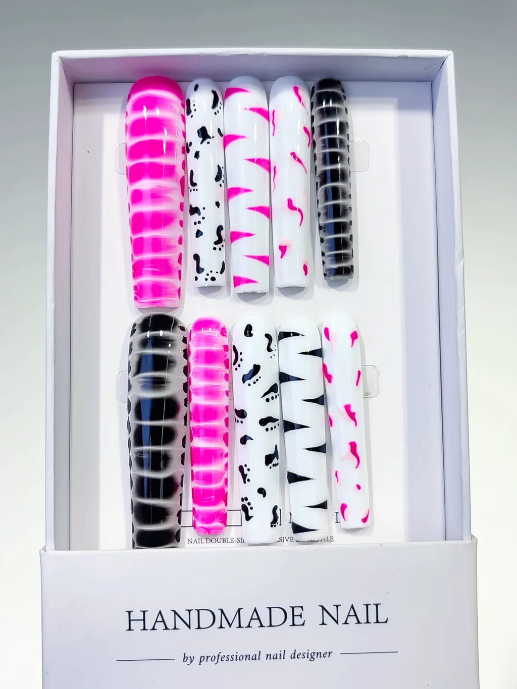 Pink White Black Abstract Stripe press on nails full set view