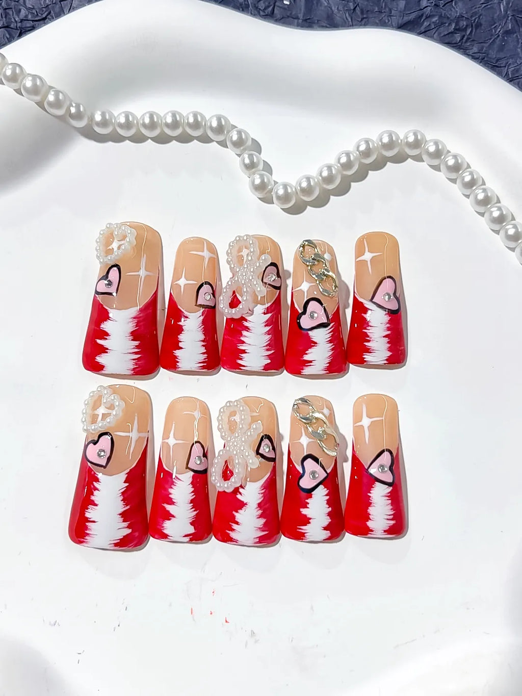 Nude Red White Gold Silver French tip Heart Chain Pearl 3D press on nails close up