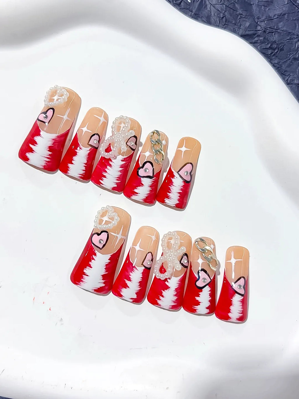 Nude Red White Gold Silver French tip Heart Chain Pearl 3D press on nails detail view