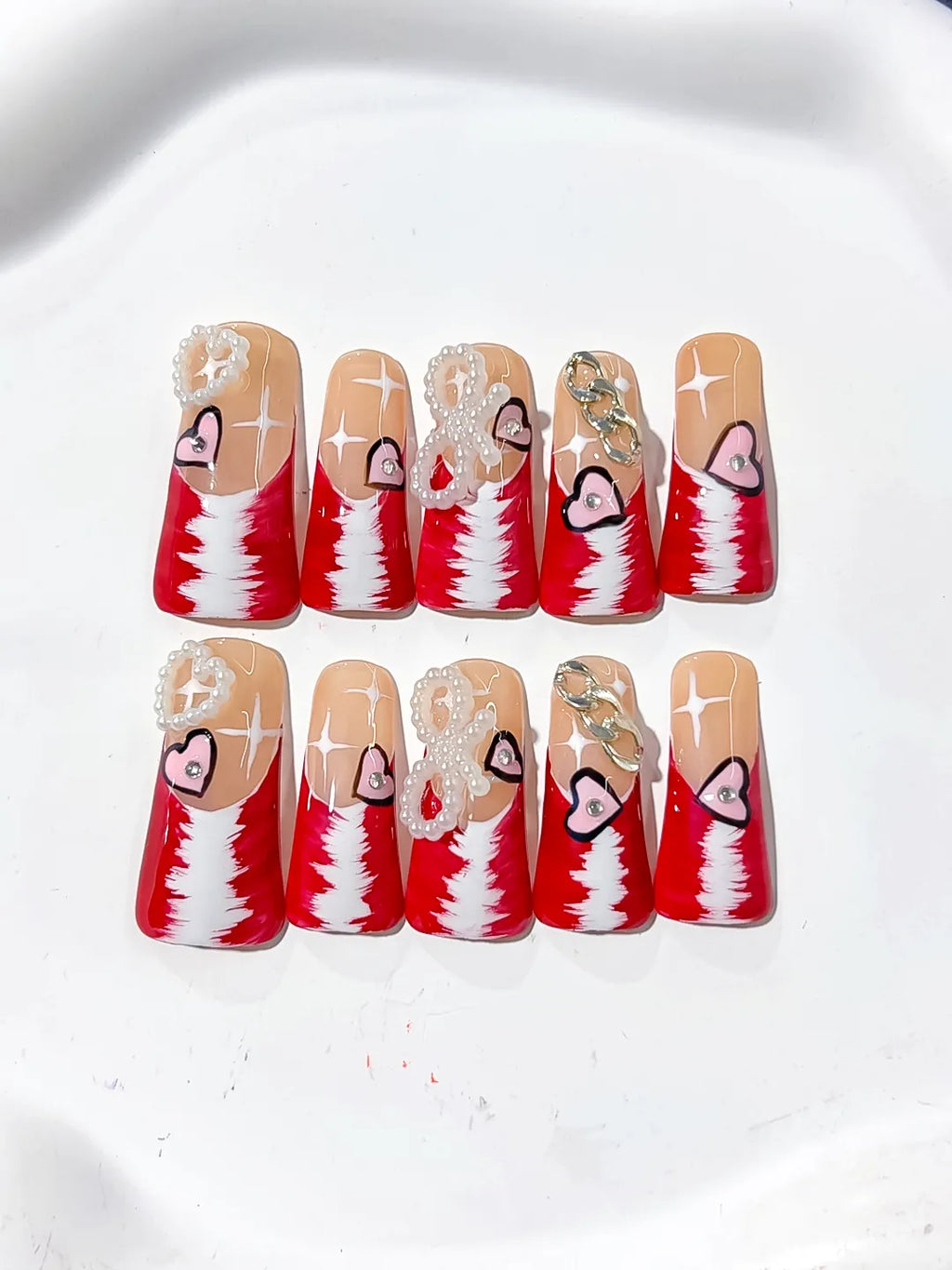 Nude Red White Gold Silver French tip Heart Chain Pearl 3D press on nails detail view