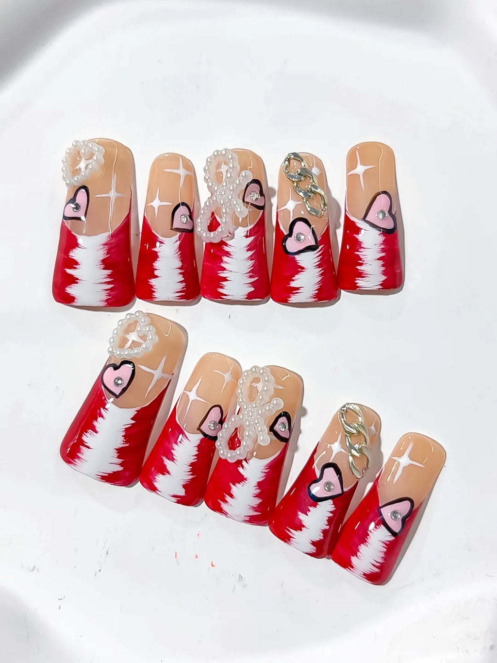Nude Red White Gold Silver French tip Heart Chain Pearl 3D press on nails detail view
