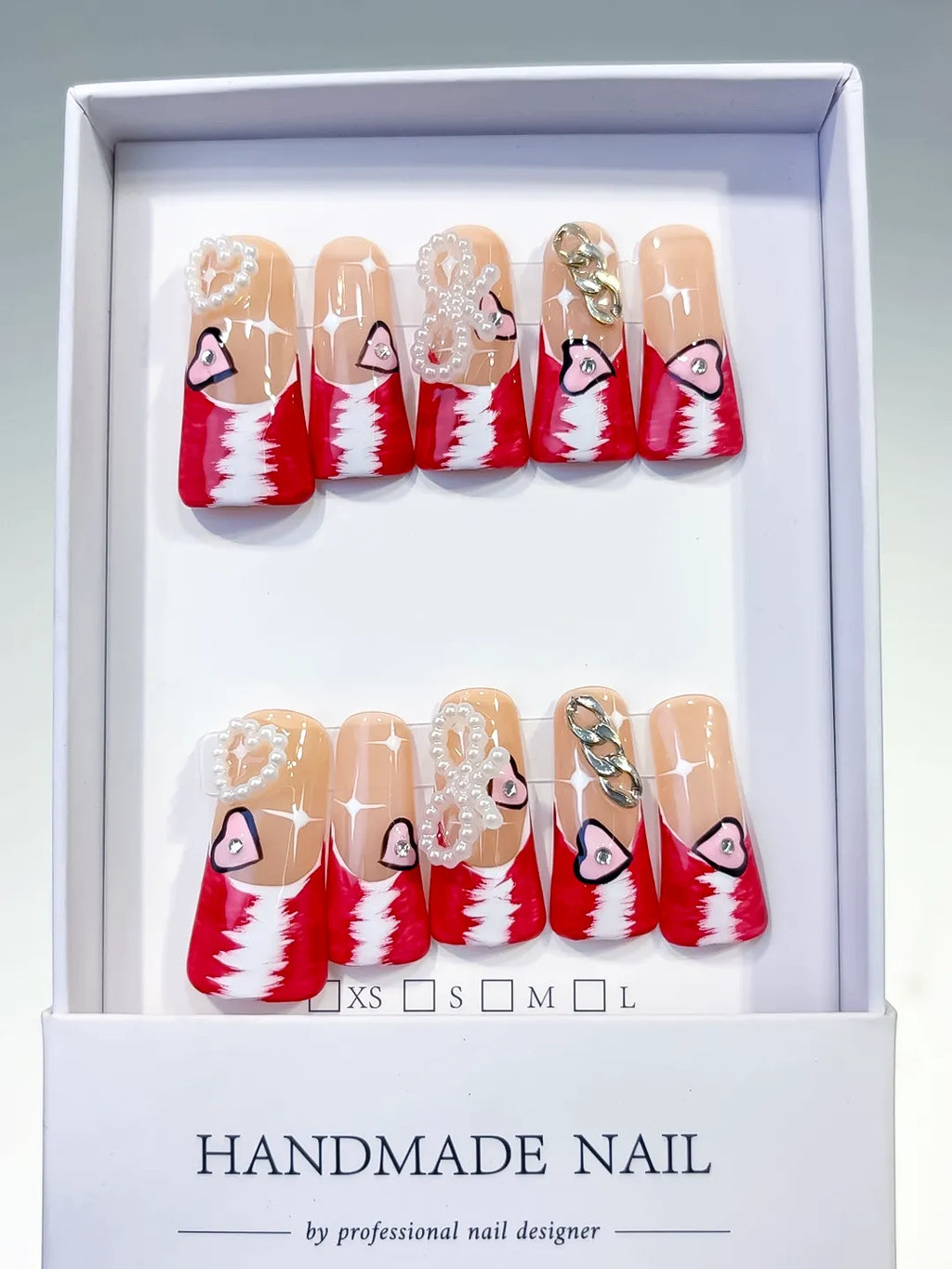 Nude Red White Gold Silver French tip Heart Chain Pearl 3D press on nails full set view
