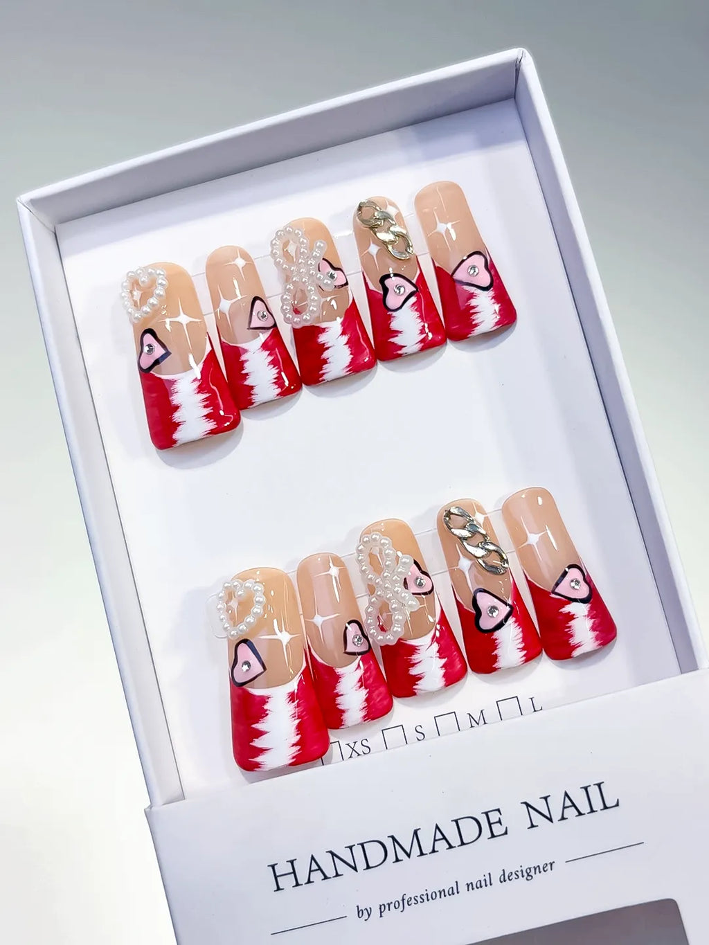 Nude Red White Gold Silver French tip Heart Chain Pearl 3D press on nails angled view