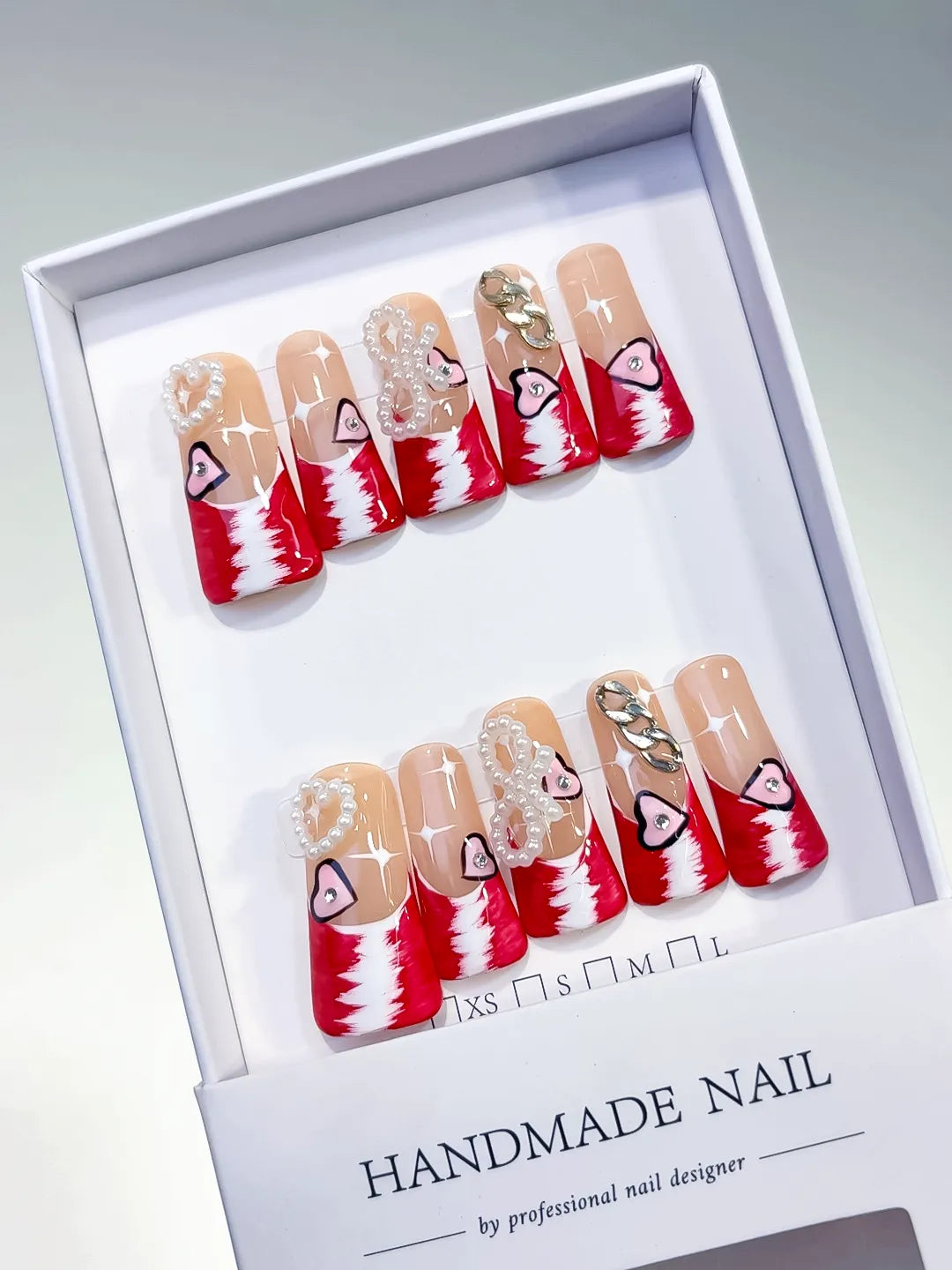 Nude Red White Gold Silver French tip Heart Chain Pearl 3D press on nails angled view