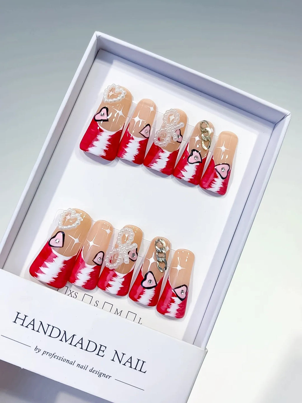 Nude Red White Gold Silver French tip Heart Chain Pearl 3D press on nails