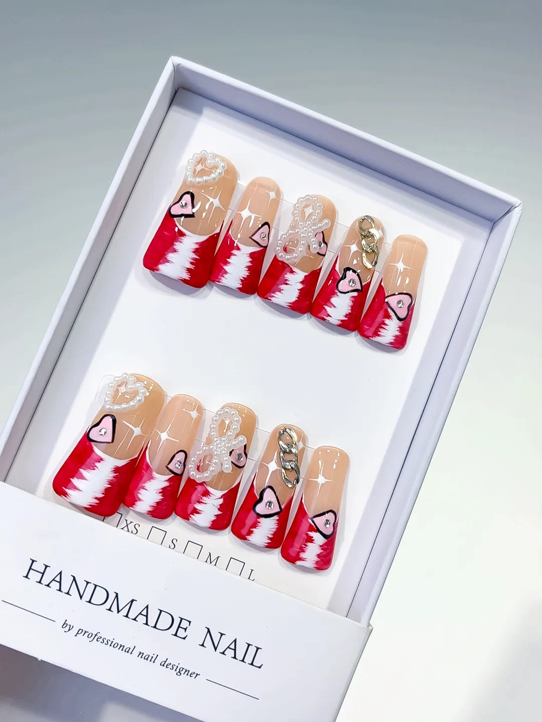 Nude Red White Gold Silver French tip Heart Chain Pearl 3D press on nails