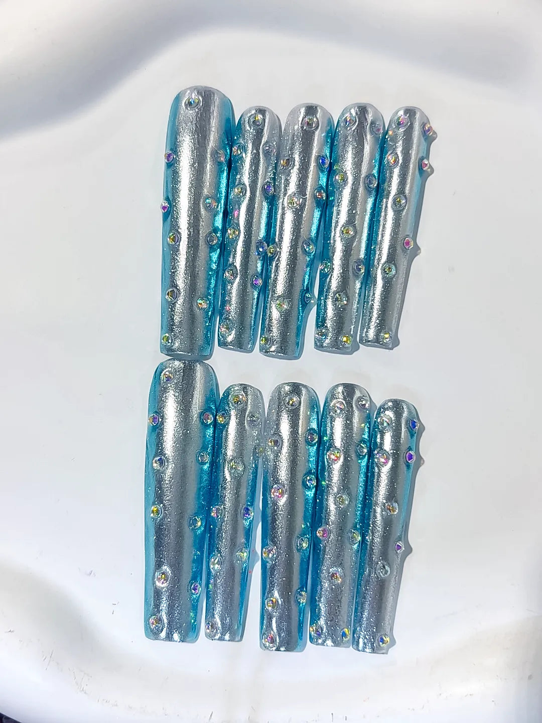 Silver Blue Multicolor Metallic Rhinestone press on nails close up