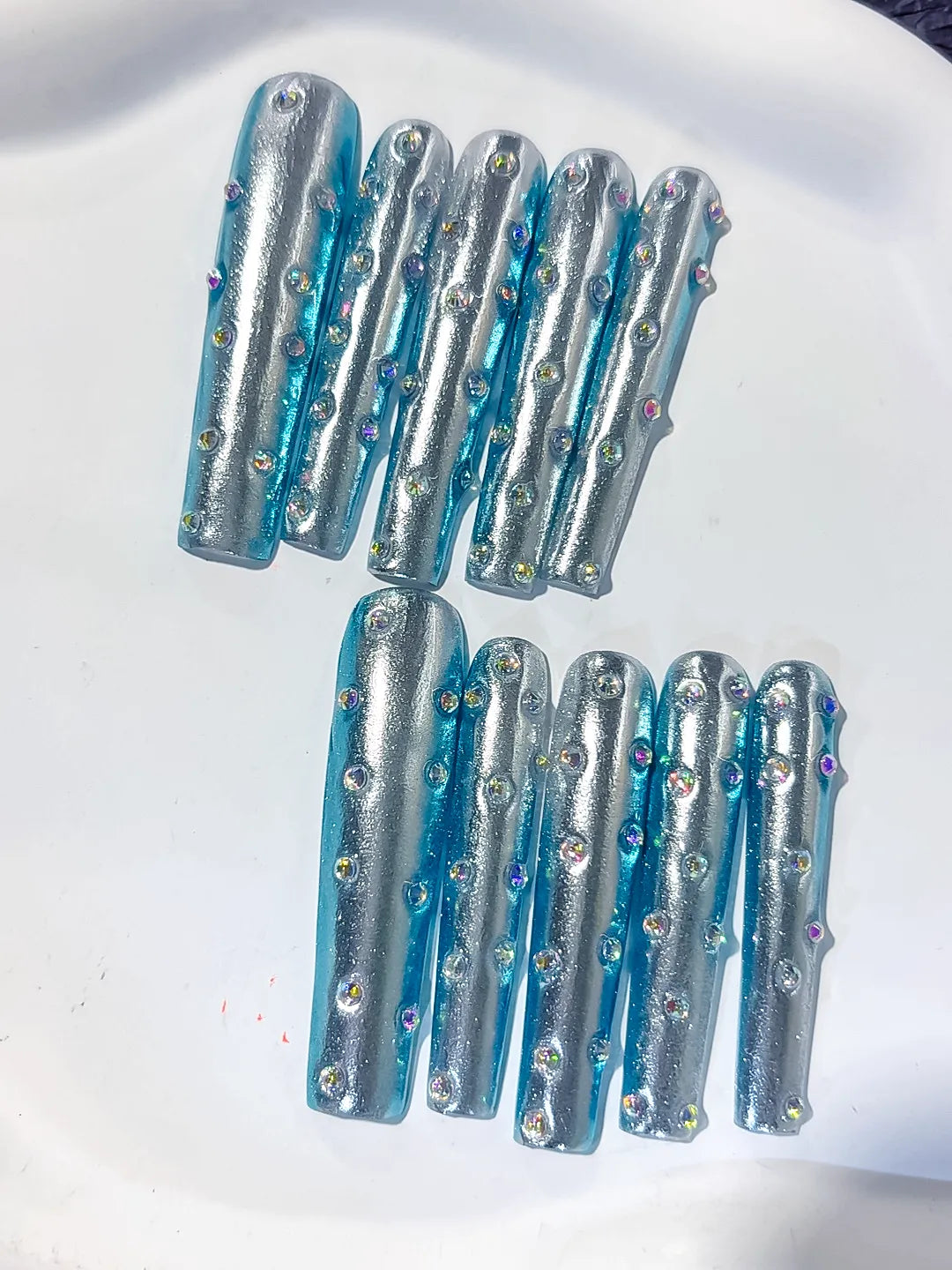 Silver Blue Multicolor Metallic Rhinestone press on nails detail view
