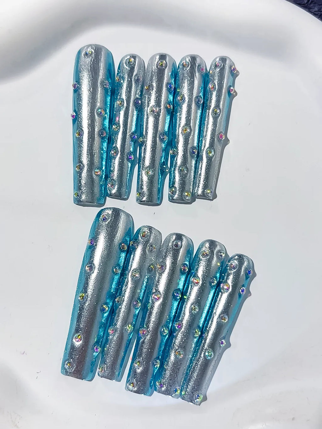 Silver Blue Multicolor Metallic Rhinestone press on nails detail view