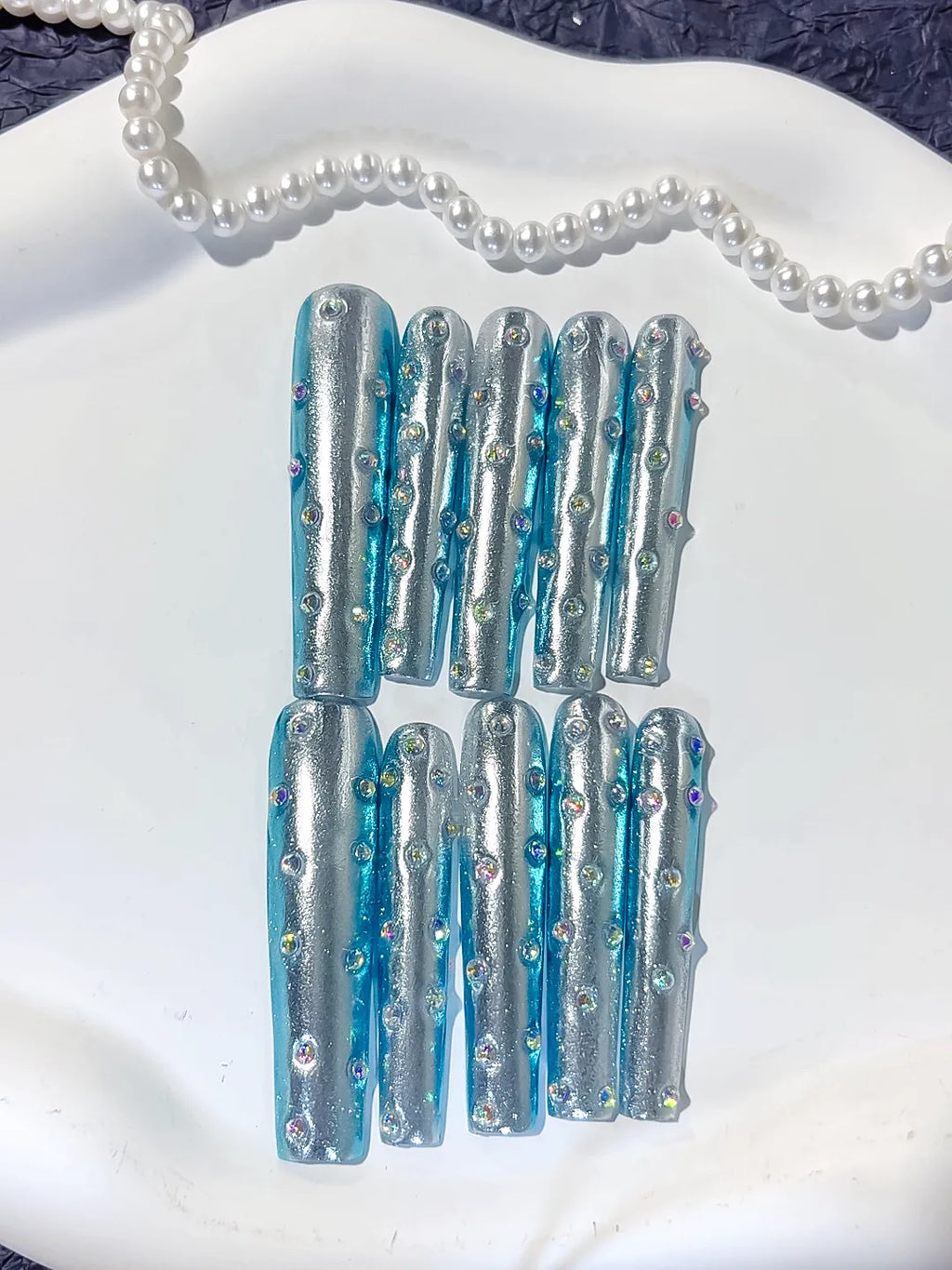 Silver Blue Multicolor Metallic Rhinestone press on nails detail view