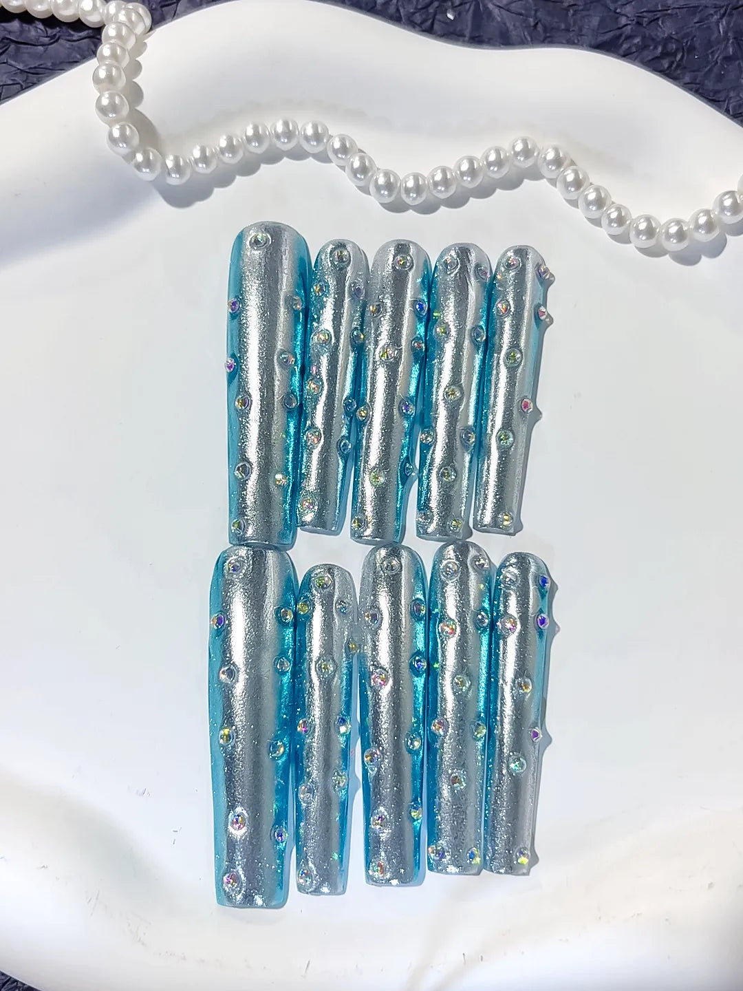 Silver Blue Multicolor Metallic Rhinestone press on nails detail view