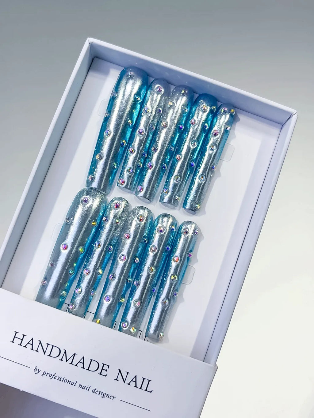 Silver Blue Multicolor Metallic Rhinestone press on nails
