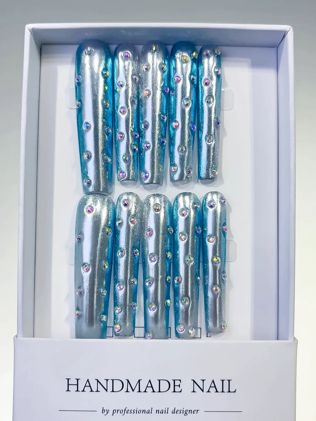 Silver Blue Multicolor Metallic Rhinestone press on nails full set view
