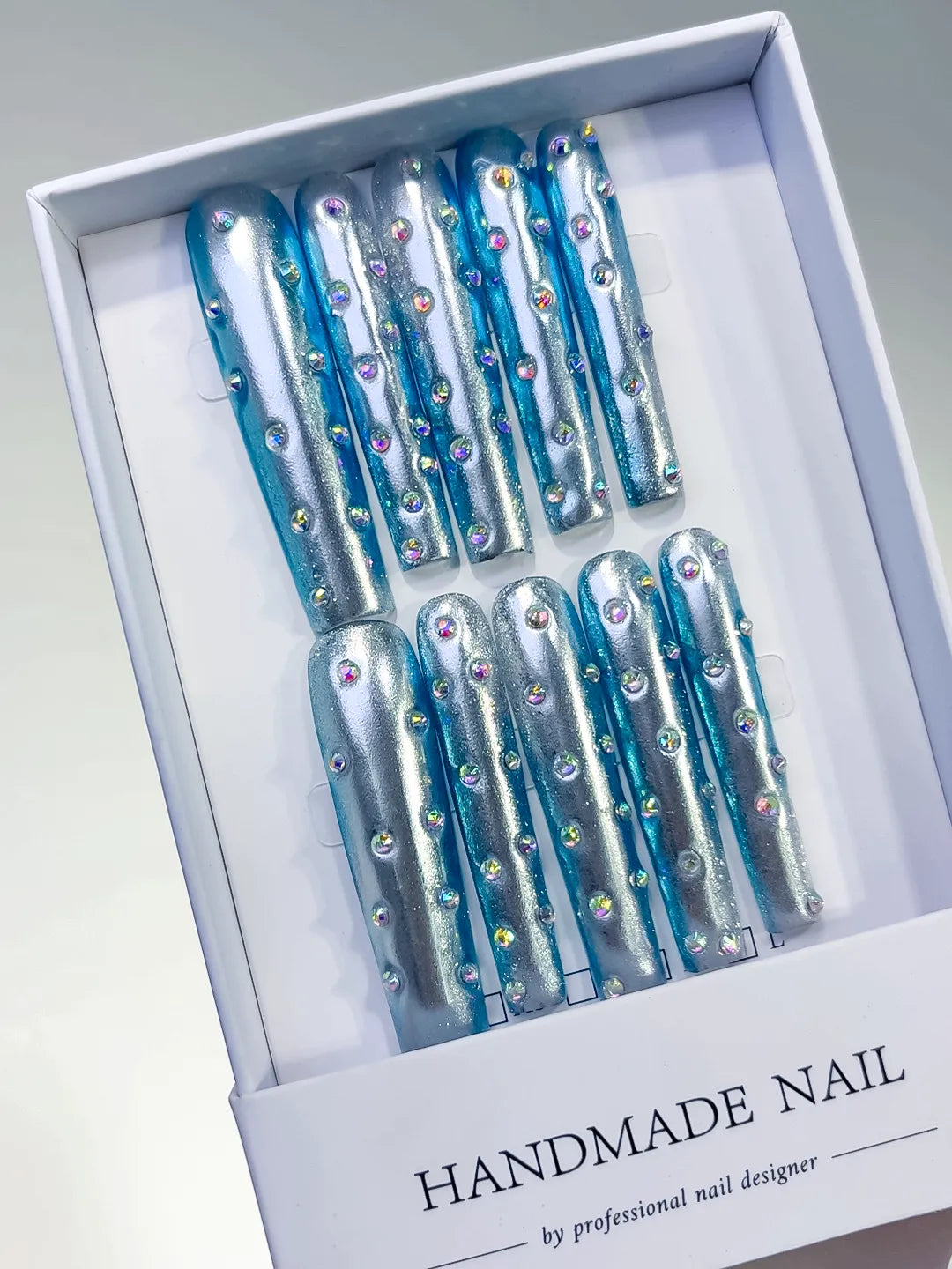Silver Blue Multicolor Metallic Rhinestone press on nails angled view