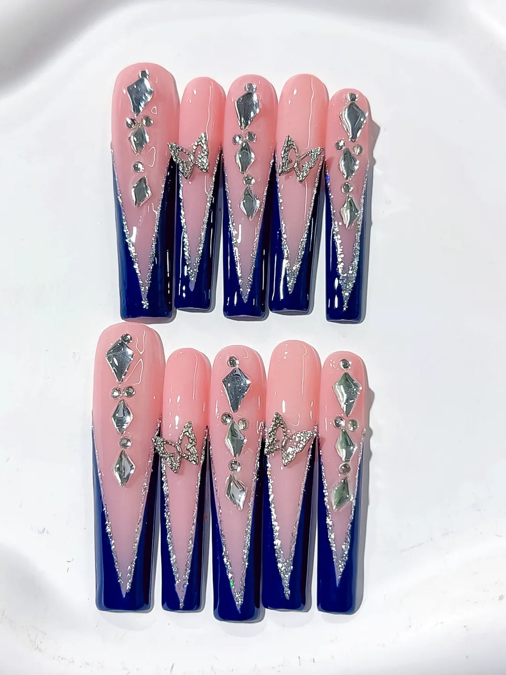 Nude Blue Silver French tip Butterfly Rhinestone press on nails detail view