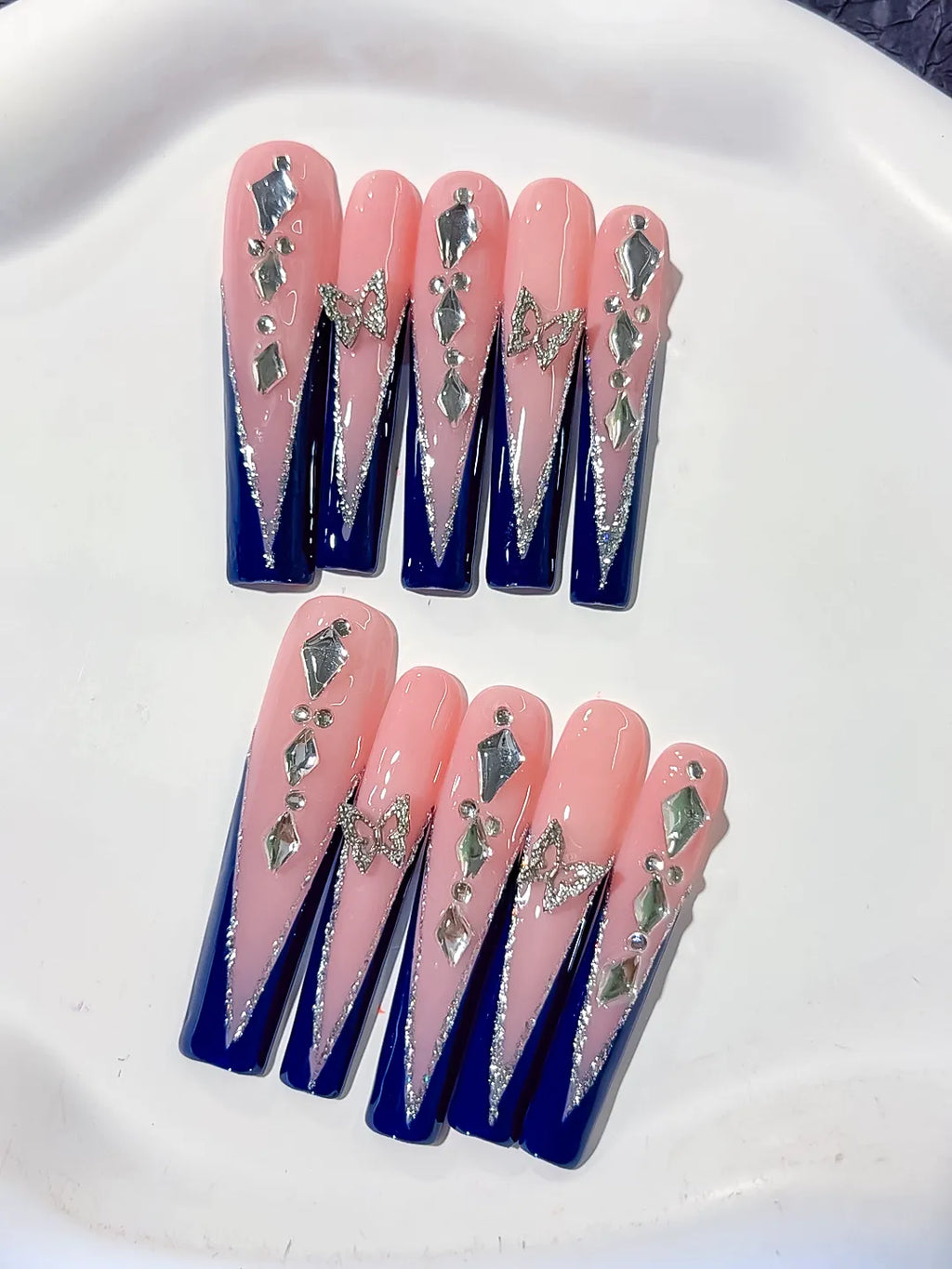 Nude Blue Silver French tip Butterfly Rhinestone press on nails close up