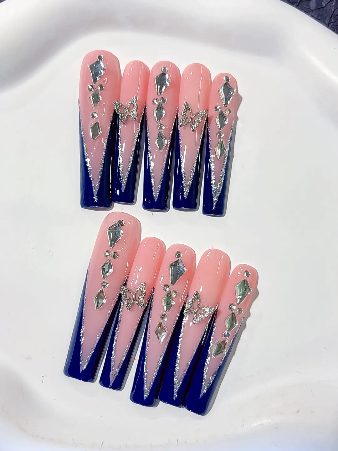 Nude Blue Silver French tip Butterfly Rhinestone press on nails close up