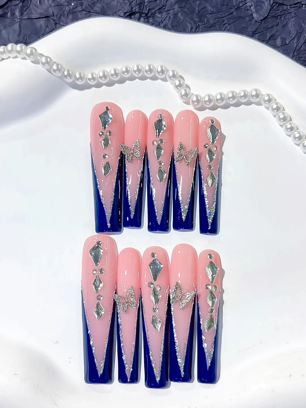 Nude Blue Silver French tip Butterfly Rhinestone press on nails detail view