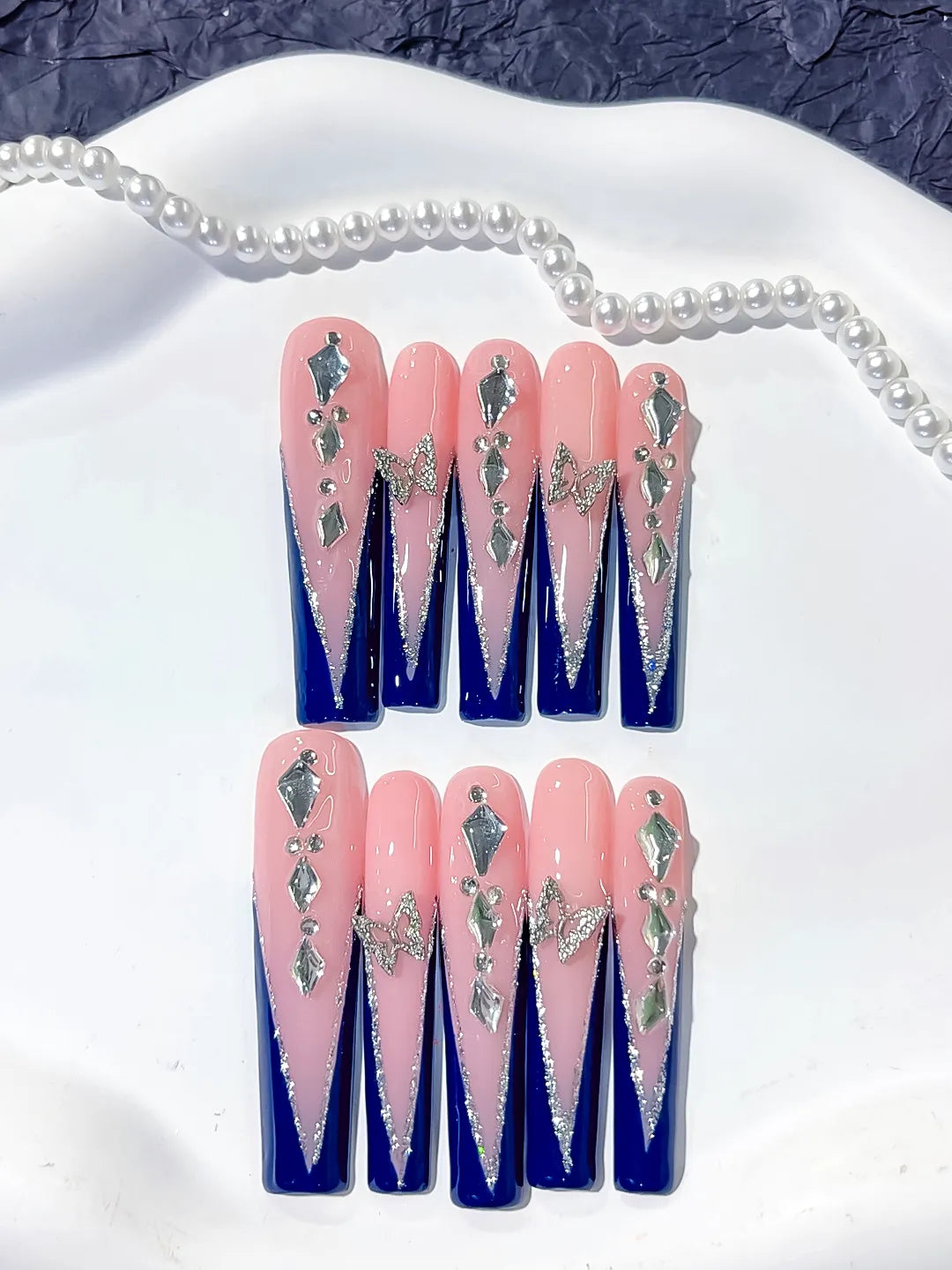 Nude Blue Silver French tip Butterfly Rhinestone press on nails detail view