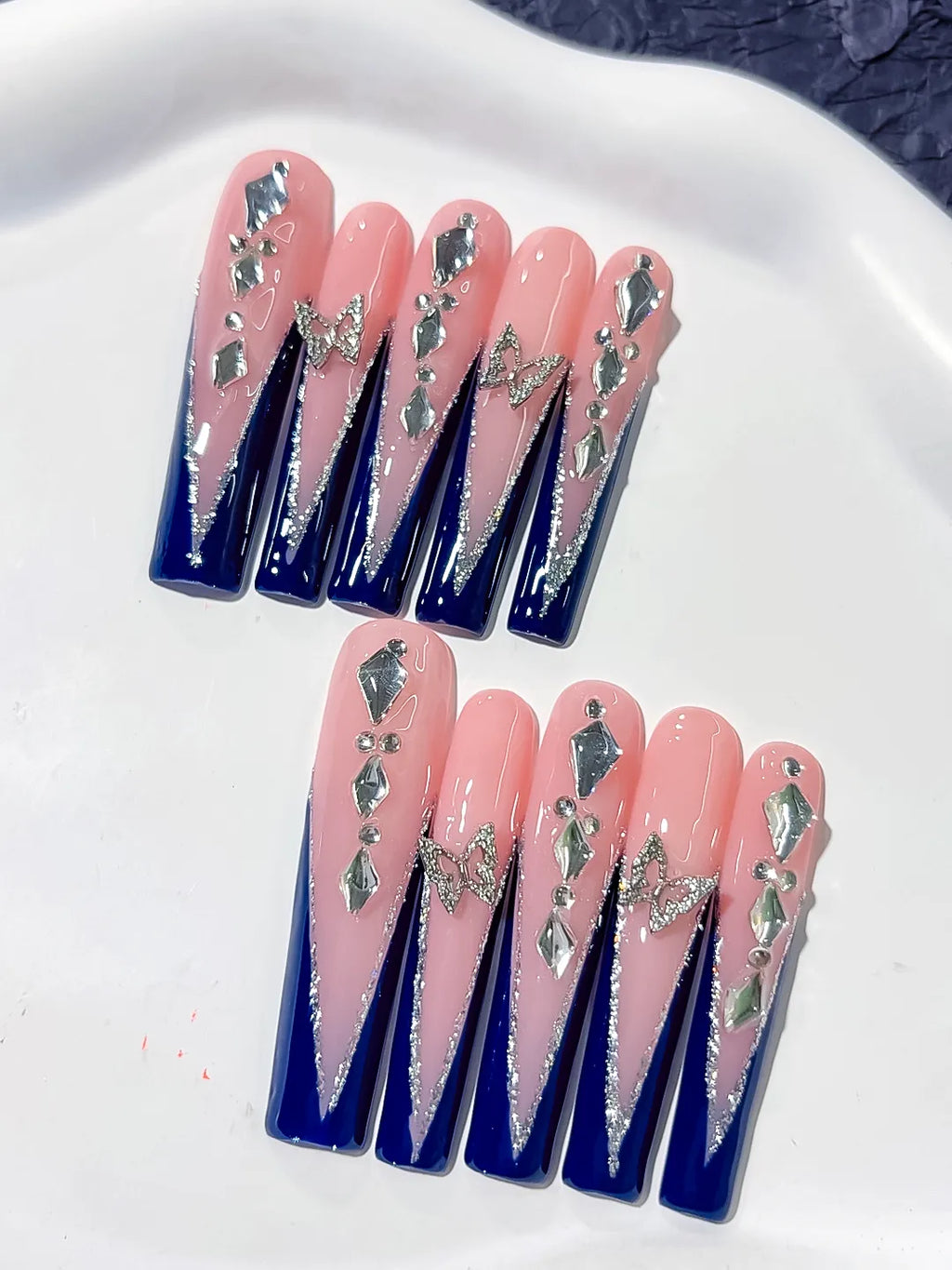 Nude Blue Silver French tip Butterfly Rhinestone press on nails detail view