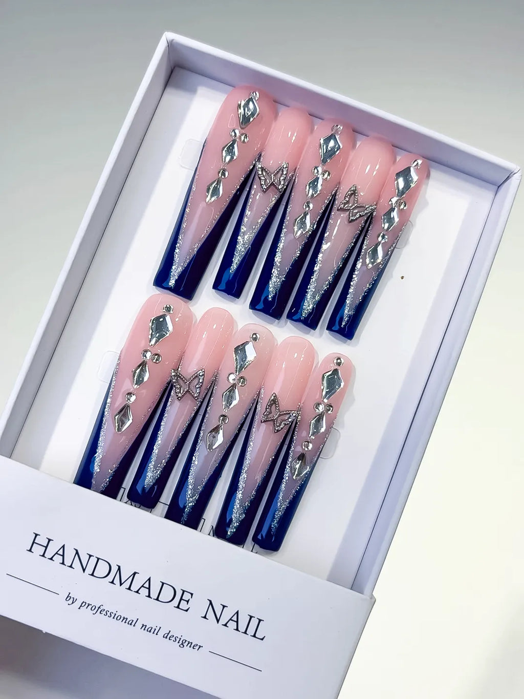 Nude Blue Silver French tip Butterfly Rhinestone press on nails