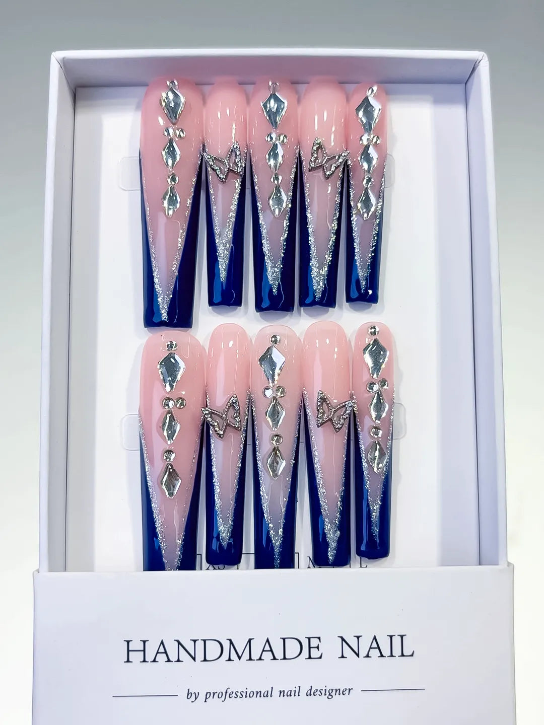 Nude Blue Silver French tip Butterfly Rhinestone press on nails full set view