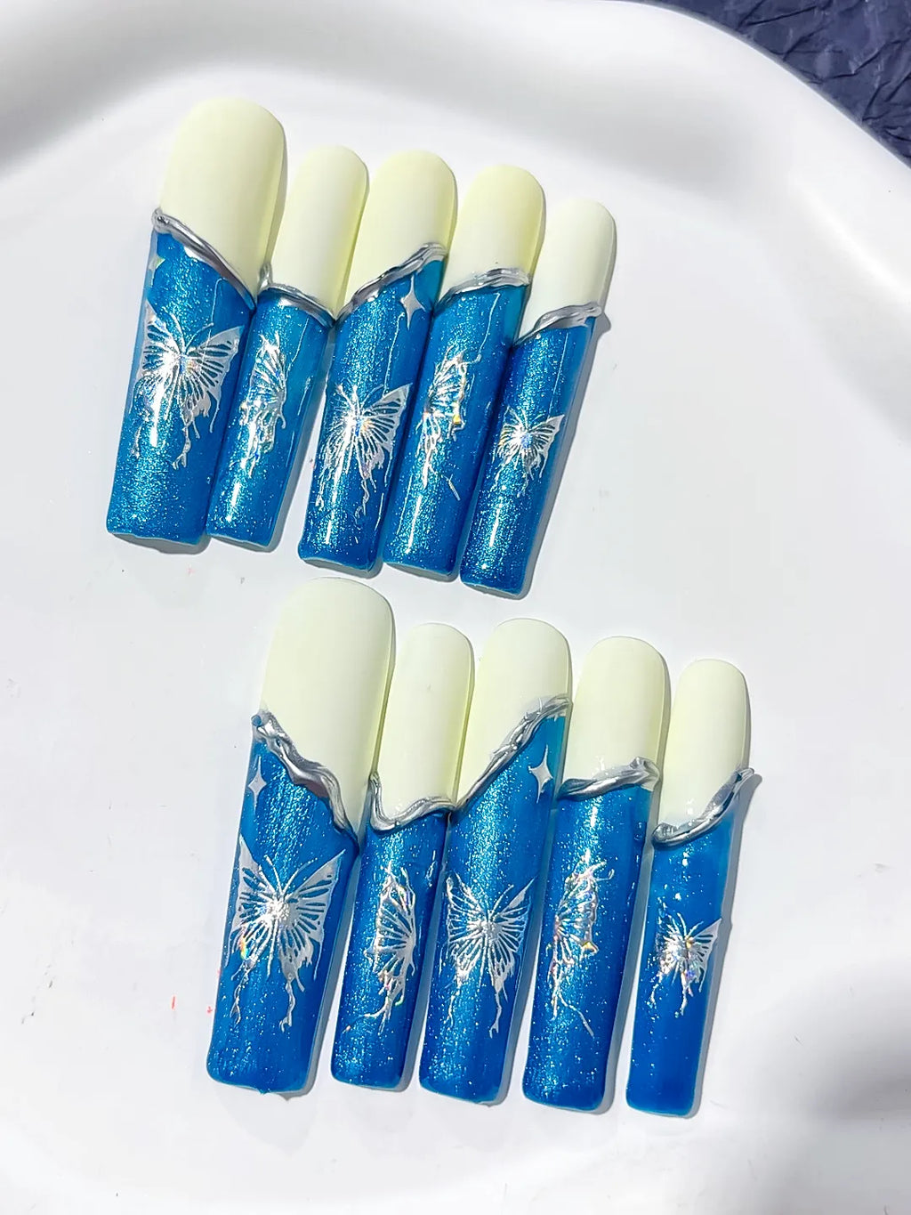 Blue White Silver French tip Floral press on nails close up