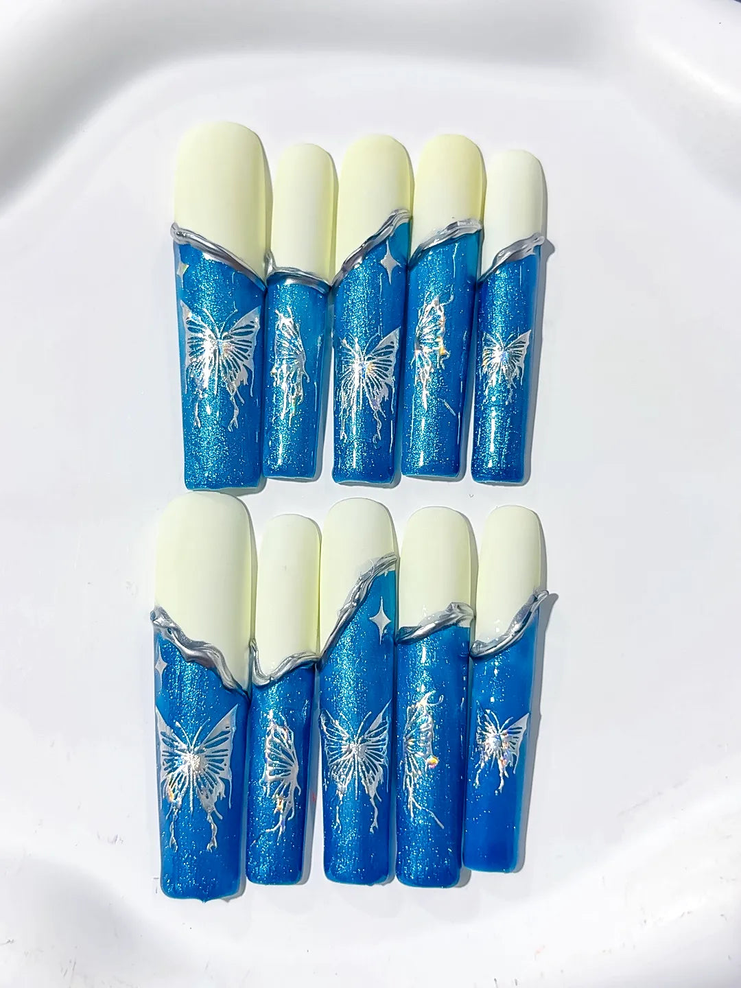 Blue White Silver French tip Floral press on nails detail view