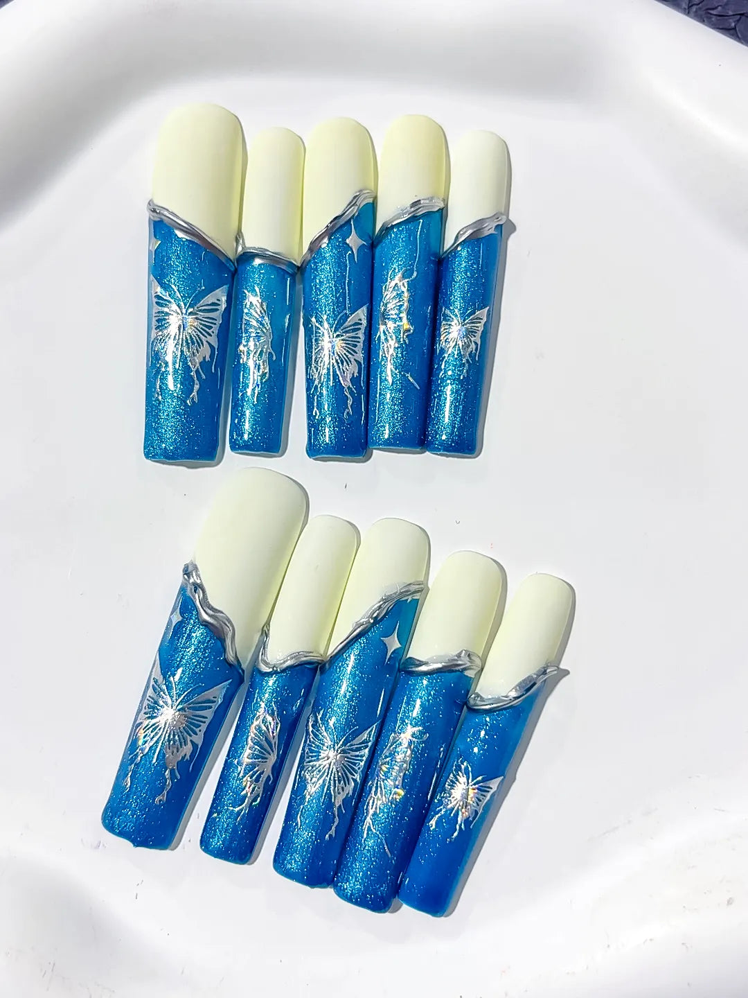Blue White Silver French tip Floral press on nails detail view