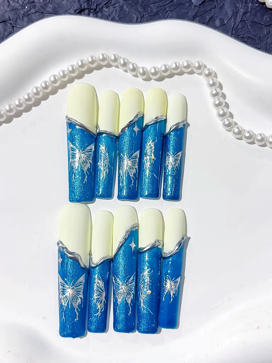 Blue White Silver French tip Floral press on nails detail view