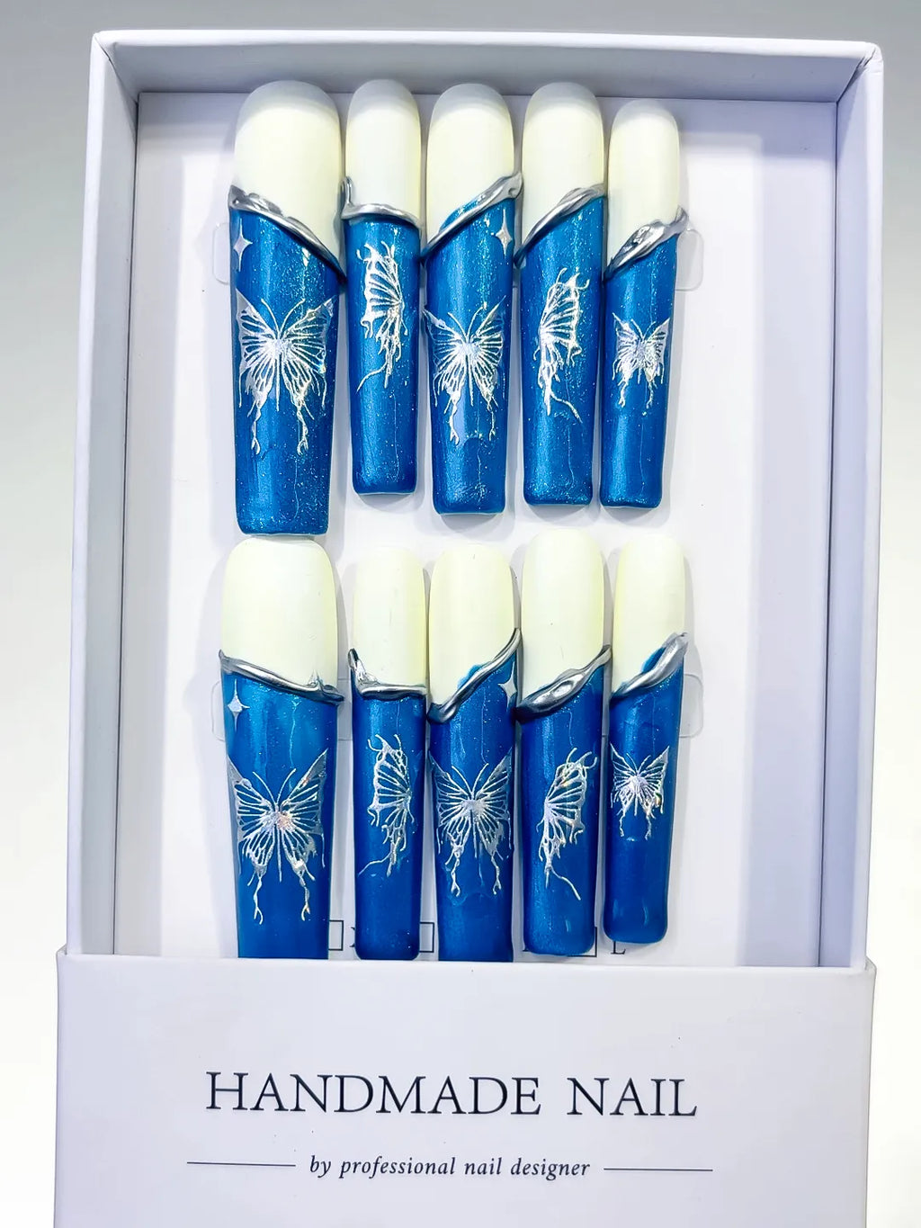 Blue White Silver French tip Floral press on nails full set view