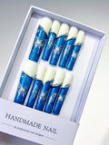 Blue White Silver French tip Floral press on nails