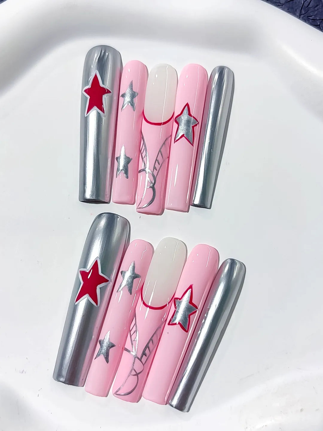 Pink Silver Red White Metallic Star 3D press on nails close up