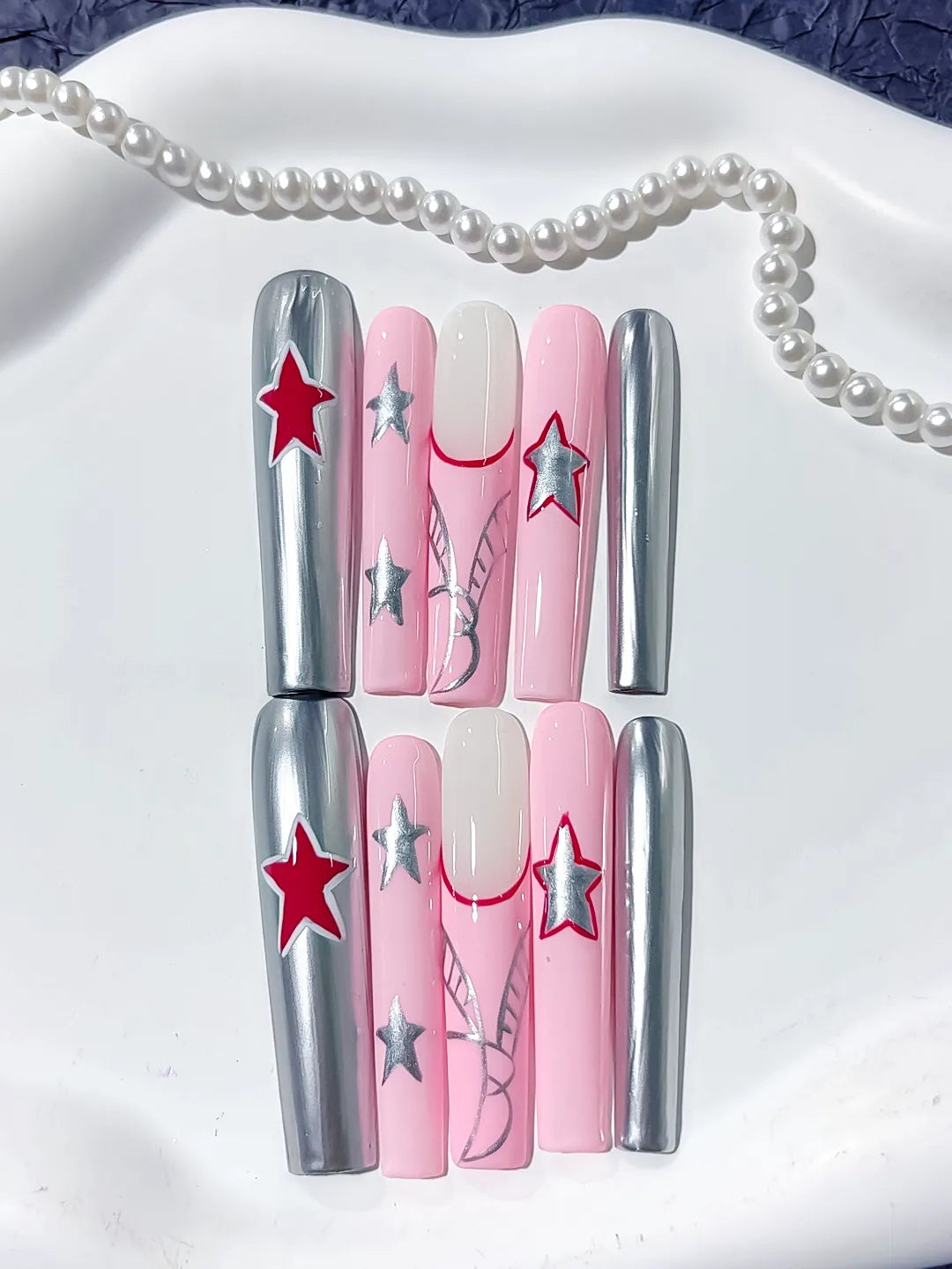 Pink Silver Red White Metallic Star 3D press on nails detail view