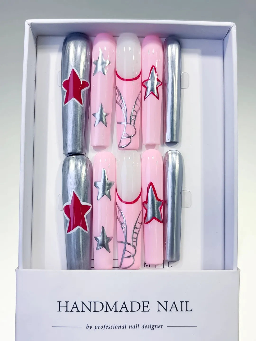 Pink Silver Red White Metallic Star 3D press on nails full set view