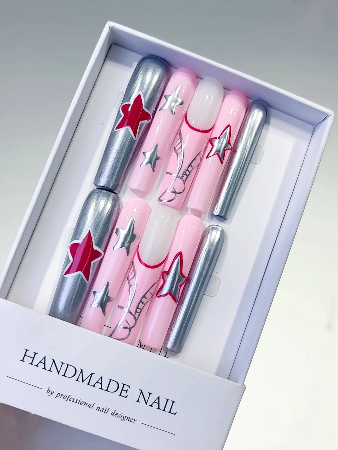 Pink Silver Red White Metallic Star 3D press on nails