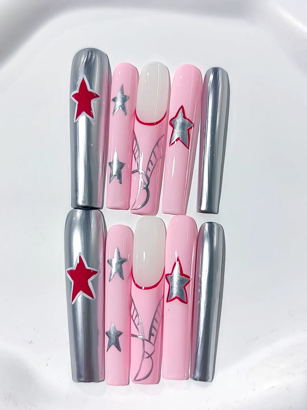 Pink Silver Red White Metallic Star 3D press on nails detail view