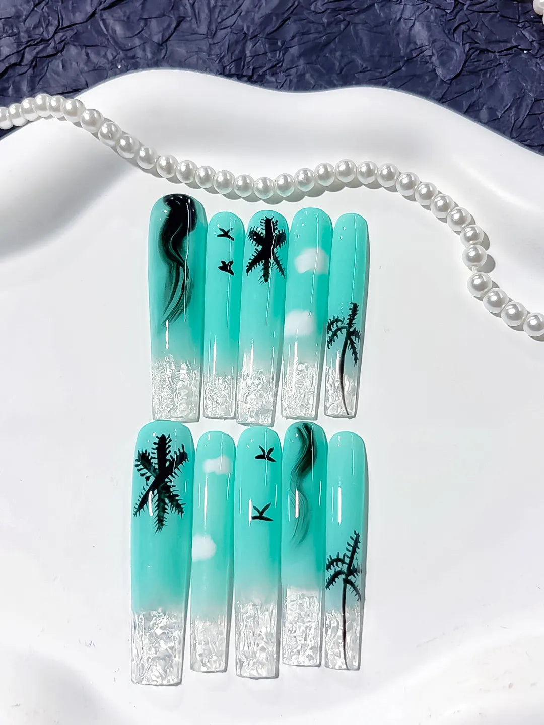 Blue White Black Ombre Palm Tree Cloud press on nails close up