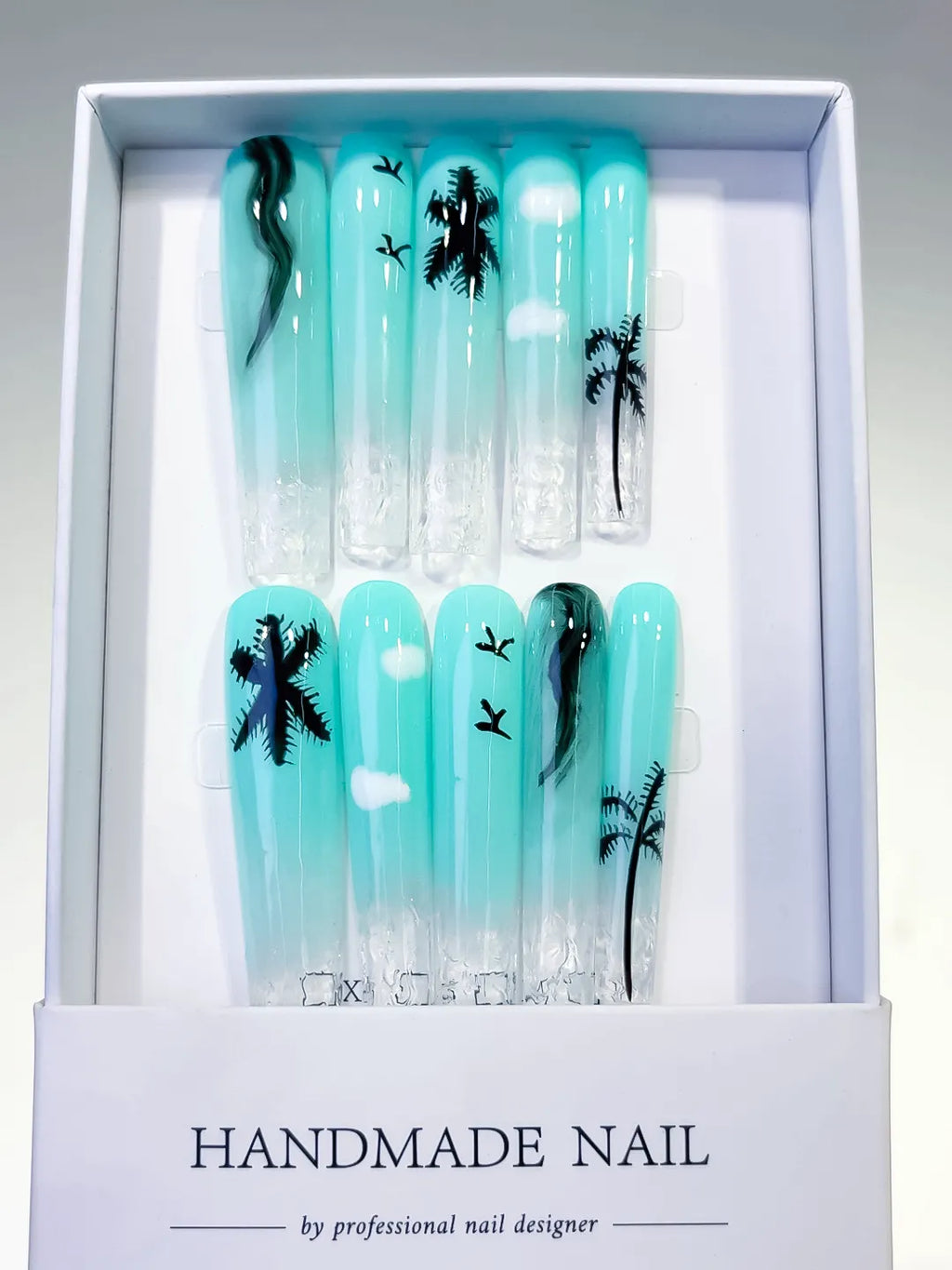 Blue White Black Ombre Palm Tree Cloud press on nails full set view