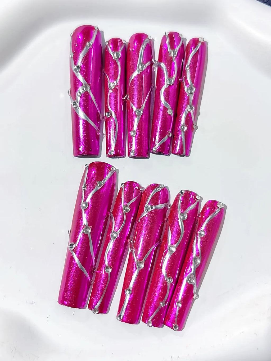 Pink Silver Metallic Rhinestone press on nails detail view