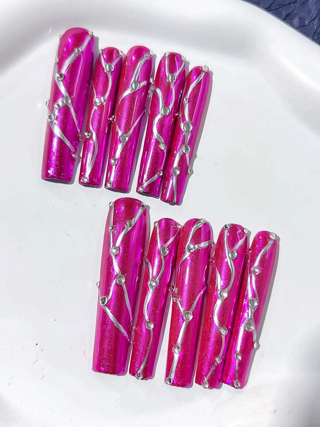 Pink Silver Metallic Rhinestone press on nails close up