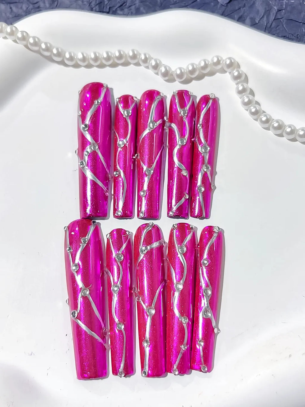 Pink Silver Metallic Rhinestone press on nails detail view