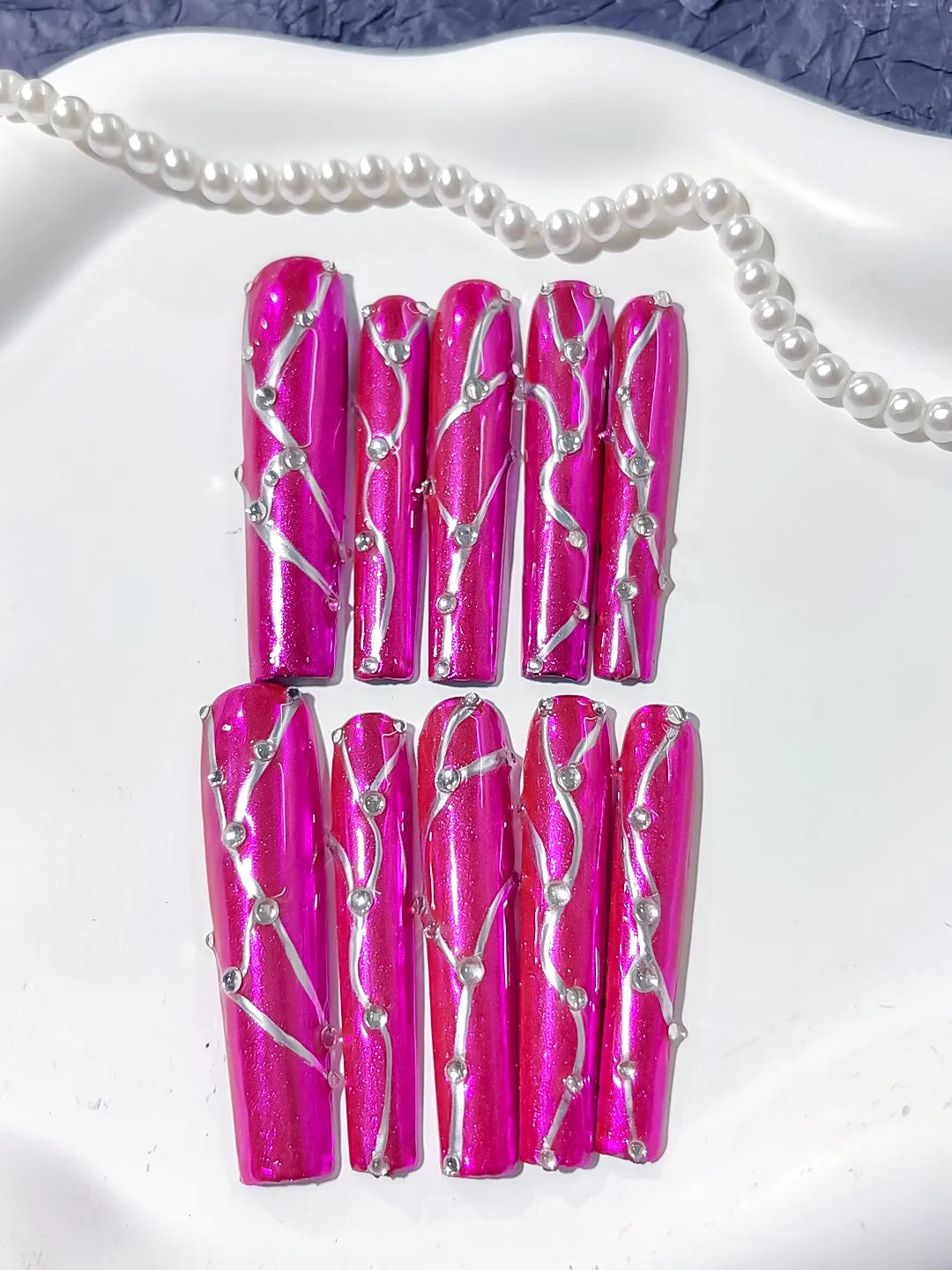 Pink Silver Metallic Rhinestone press on nails detail view