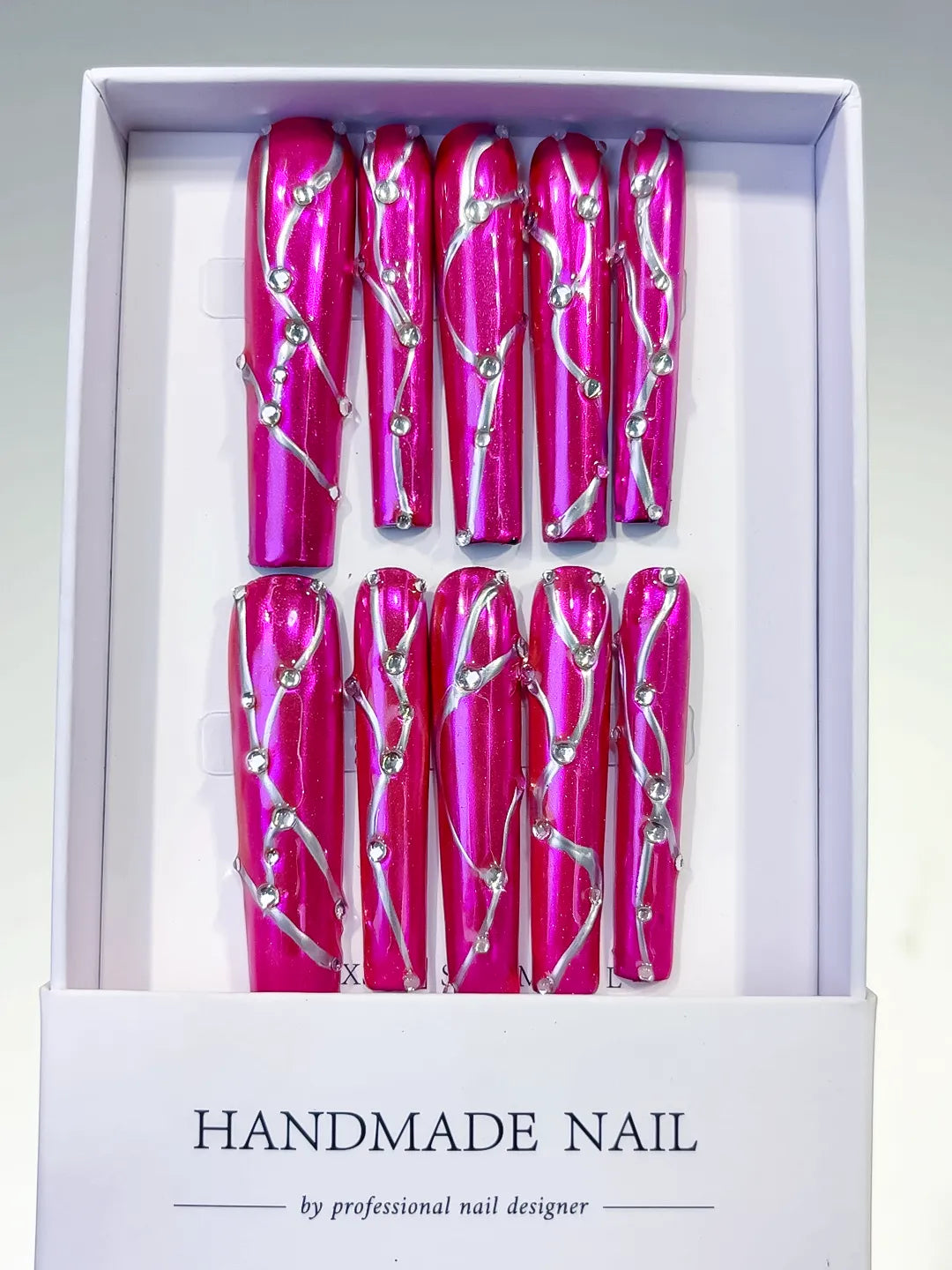 Pink Silver Metallic Rhinestone press on nails full set view