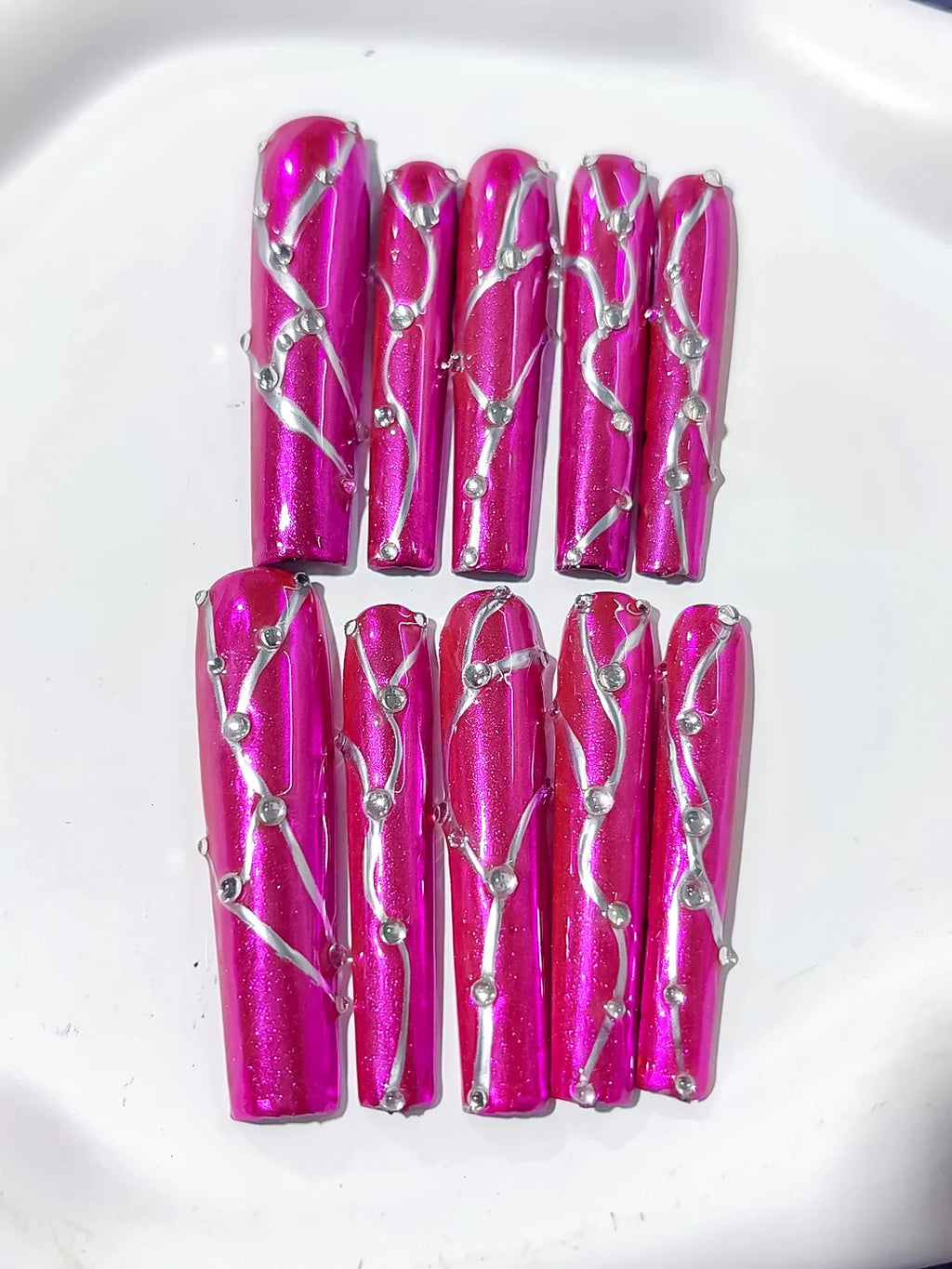 Pink Silver Metallic Rhinestone press on nails detail view
