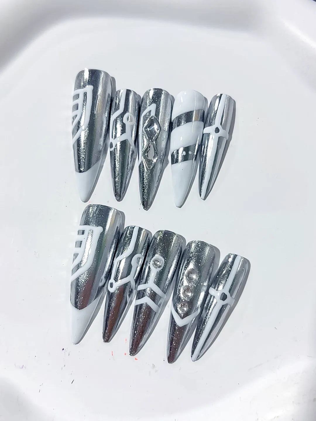 Silver White Metallic Geometric Stud press on nails detail view