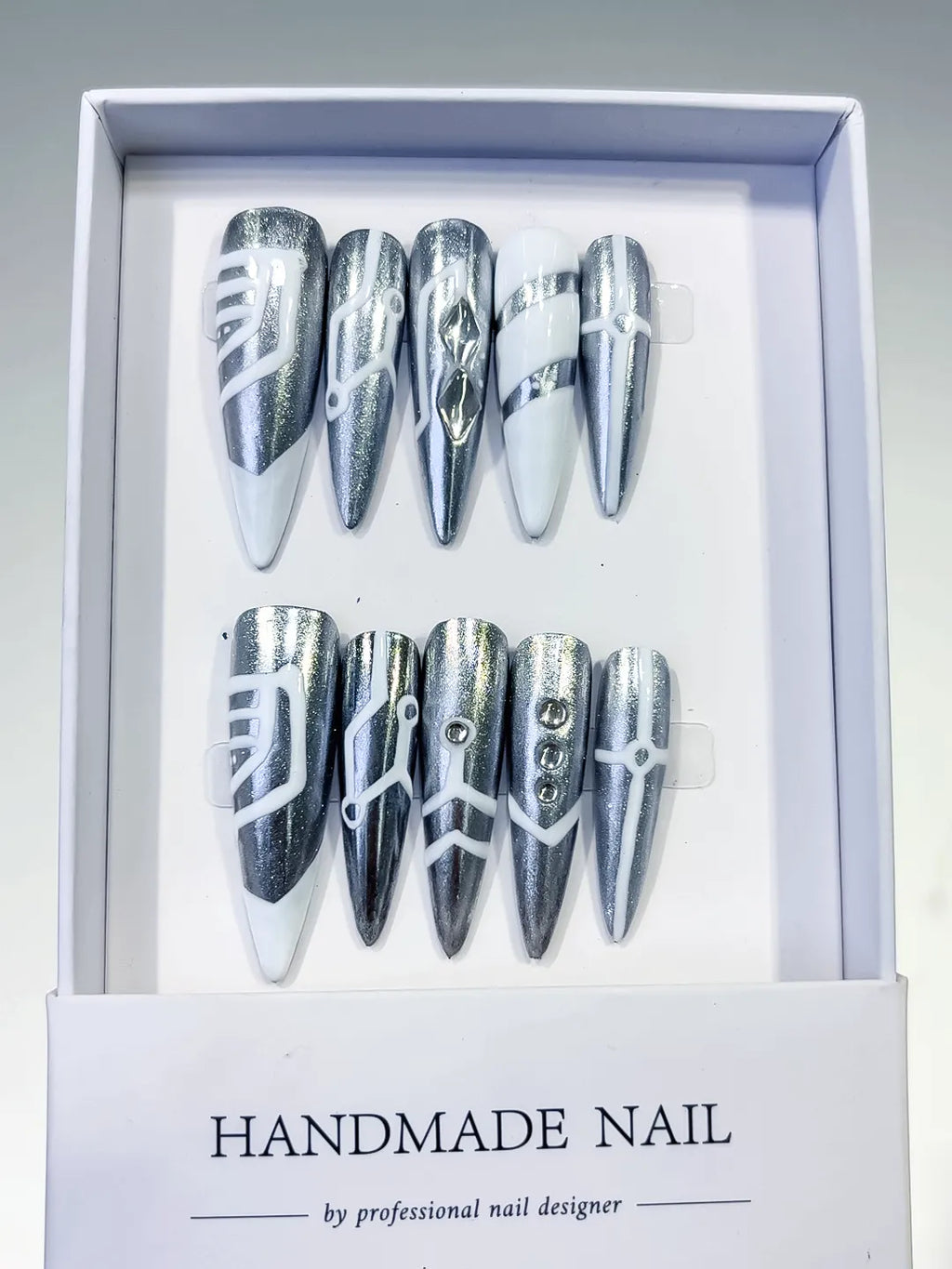 Silver White Metallic Geometric Stud press on nails full set view