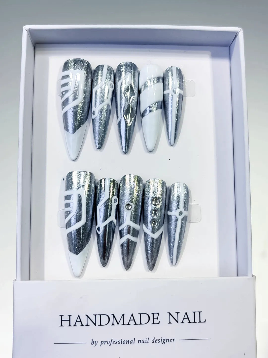 Silver White Metallic Geometric Stud press on nails full set view